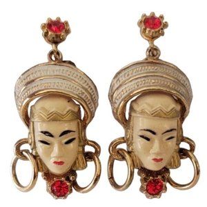 Selro Selini Gold Tone Red Rhinestone Asian Lady Face Screw Back Earrings E494